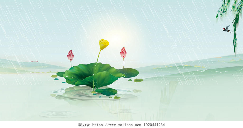 24节气立夏背景清明清明节背景绿色创意中国风雨水荷叶倒影荷花荷花池柳条春天展板背景